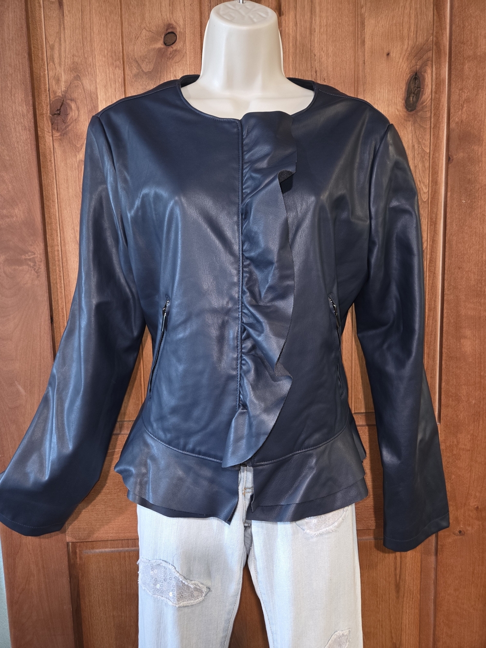 Catherine Malandrino Navy Faux Leather Ruffle Jacket
